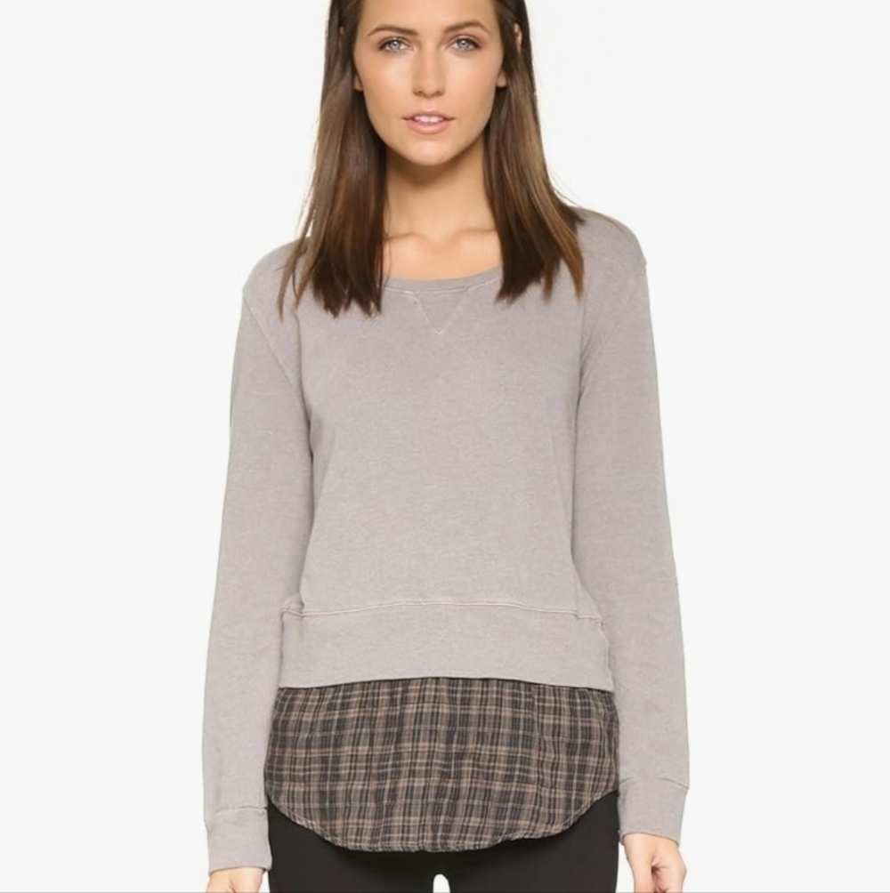 Monrow Women's French Plaid Double Layer Sweatshirt in Fawn Size Medium